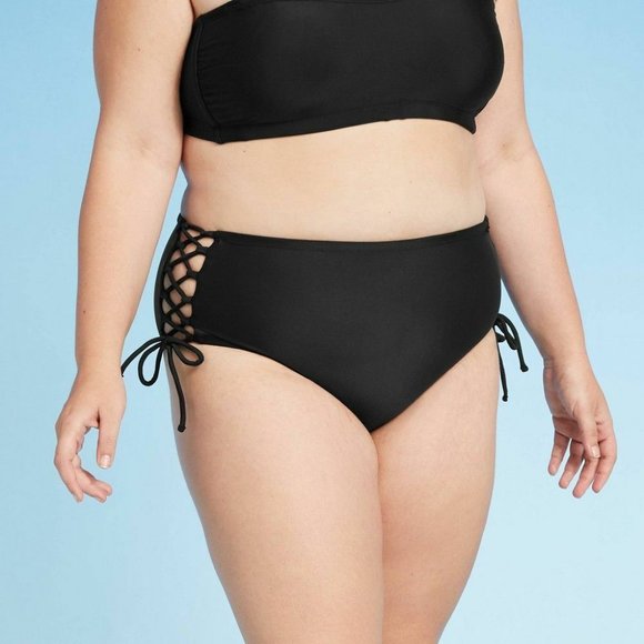 Junior's Plus Size Lace Up High Waist Bikini Bottom Black 16X/18X Xhilaration - Picture 1 of 5